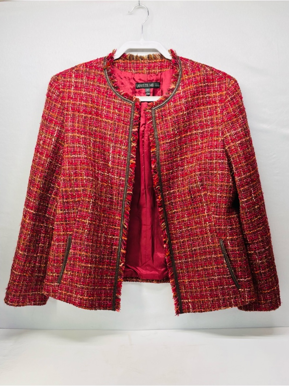 Lafayette 148 New York Red Pink Tweed Fringed Open-Front Jacket